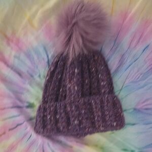 Anthropologie Purple Knit Beanie with Pom Pom